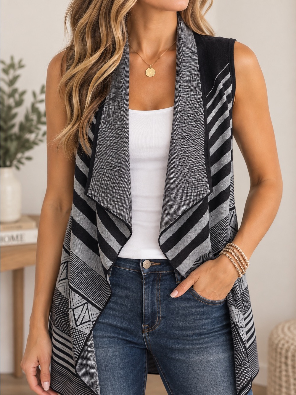 Kaisely NWT Black Gray Striped Knit Vest S